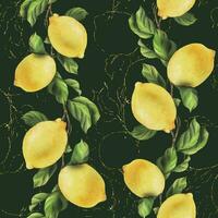 Zitronen sind Gelb, saftig, reif mit Grün Blätter, Blume Knospen auf das Geäst, ganze und Scheiben. Aquarell, Hand gezeichnet botanisch Illustration. nahtlos Muster auf ein Grün Hintergrund. vektor