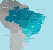 vektor modern illustration. förenklad geografisk Karta av Brasilien och närmast stater. blå bakgrund av hav. namn av brasiliansk städer tycka om sao paulo och etc. och provinser