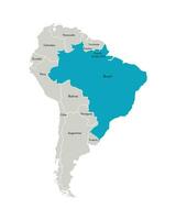 vektor illustration med förenklad Karta av söder Amerika kontinent med blå kontur av Brasilien. grå silhuetter, vit översikt av stater' gräns.
