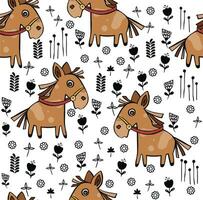 sömlös barnslig mönster med söt hästar och hand dragen texturer. kreativ svart och vit barn textur för tyg, omslag, textil, tapet, kläder. vektor