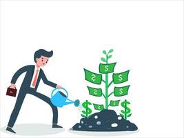 Geschäftsmann Charakter Bewässerung gepflanzt Geld Dollar sprießen Blume. Pflanze Geld Baum zu Investition Geschäft Konzept Vektor Illustration isoliert auf Weiß Hintergrund.