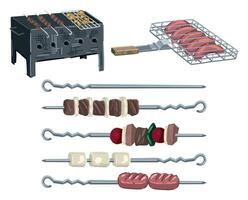 Grill Kritzeleien Satz. Sammlung von Grill, Spieße, Fleisch. farbig Vektor Illustration im Karikatur Stil. modern Cliparts isoliert auf Weiß.