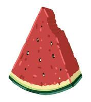 gebissen Scheibe von Wassermelone Clip Art. Süss frisch tropisch Obst Gekritzel isoliert auf Weiß. farbig Vektor Illustration im Karikatur Stil.