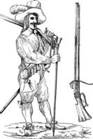 Musketier von das sechzehnter und siebzehnten Jahrhunderte, mit seine Gabel und seine Muskete, Jahrgang Gravur vektor