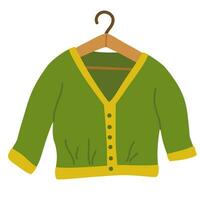 Strickjacke auf ein Aufhänger. Baby Kleider auf hölzern Aufhänger. Sanft Textil- Kleiderschrank Zubehörteil zum Speicherung bekleidung im Garderobe. Lager Artikel. eben Vektor Illustration isoliert auf Weiß Hintergrund