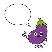 Aubergine mit Rede Blase Charakter. Vektor Hand gezeichnet traditionell Karikatur Jahrgang, retro, kawaii Charakter Illustration Symbol. isoliert Weiß Hintergrund. Aubergine Charakter