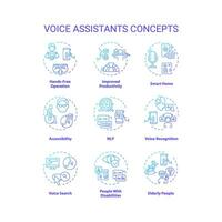 2d Gradient Symbole einstellen Darstellen Stimme Assistenten Konzepte, isoliert Vektor, dünn Linie Blau Illustration. vektor