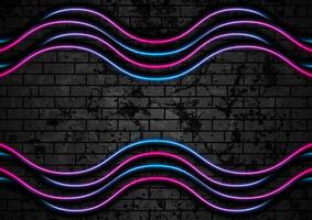 Blau lila Neon- Technologie wellig Linien auf Backstein Grunge Mauer vektor