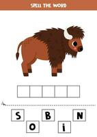 stavning spel för förskola ungar. söt tecknad serie brun bison. vektor