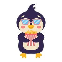 süß Karikatur Pinguin mit Popcorn. Vektor Illustration.
