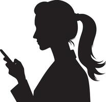 ein Frau Stand mit Zelle Telefon Vektor Silhouette 9