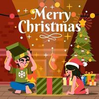 Kinder öffnen Geschenkbox vom Weihnachtsmann vektor