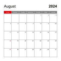 Mauer Kalender Vorlage zum August 2024. Urlaub und Veranstaltung Planer, Woche beginnt auf Sonntag. vektor