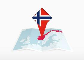 Norge är avbildad på en vikta papper Karta och fästs plats markör med flagga av Norge. vektor