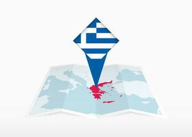 Griechenland ist abgebildet auf ein gefaltet Papier Karte und festgesteckt Ort Marker mit Flagge von Griechenland. vektor