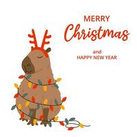 vinter- fyrkant festlig kort på vit bakgrund. kapybara, röd horn tillbehör, krans och text glad jul. hand dragen platt vektor stil. Semester säsong- dekoration.