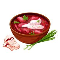 ukrainisch Borscht mit Grün Zwiebel, sauer Sahne und Schmalz. Vektor Karikatur Illustration isoliert auf ein Weiß Hintergrund.