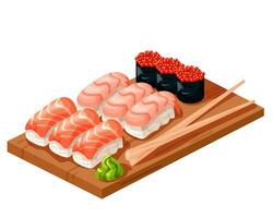 Sushi einstellen von rot Fisch Nigiri und Garnele, gunkans und Wasabi auf ein hölzern Teller mit Essstäbchen. traditionell japanisch Küche. Vektor Illustration isoliert auf ein Weiß Hintergrund.