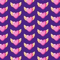 sömlös mönster rosa hjärta med vingar i tecknad serie stil. valentines dag textil- design, bakgrund, omslag papper, tapet. vektor illustration.