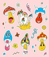 Pilz groovig Charakter Aufkleber einstellen im Karikatur Stil. psychedelisch Zeichen Sammlung mit retro Elemente und komisch Gesichter. trippy surreal Pilze. Vektor Illustration isoliert auf ein Rosa