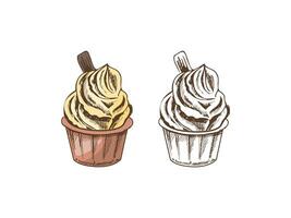 en ritad för hand färgad och svartvit skiss av frysta yoghurt eller mjuk is grädde, muffin i en kopp. årgång illustration. element för de design av etiketter, förpackning och vykort. vektor