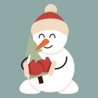 süß lächelnd Schneemann im Fäustlinge mit ein Weihnachten Baum im seine Hände vektor