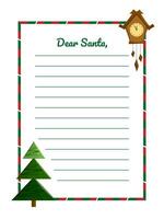 Weihnachten Brief zu Santa Klaus. wünsche aufführen Vorlage, Anmerkungen. Papier Karte zum sehr geehrter Weihnachtsmann. Brief Layout mit Weihnachten Elemente - - Weihnachten Baum und Uhr. vektor