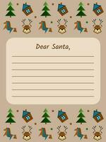 jul brev till santa claus. önskar lista mall, anteckningar. papper kort för Kära tomten. brev layout med jul mönster och jul element. vektor