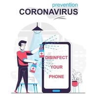 förebyggande coronavirus isolerade tecknade koncept. man sprutar desinfektionsmedel till mobiltelefon, människor scen i platt design. vektor illustration för bloggande, webbplats, mobilapp, mobilsajt.