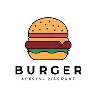 köstlich Burger Logo Vektor Illustration Design. Symbol, Aufkleber zum Ihre Design, Speisekarte, Webseite, Werbung Artikel, Vorlage, einfach und kreativ Burger