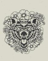 Illustration Wolfskopf mit Blume Monochrom-Stil vektor