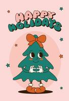 häftig 70s jul kort med söt jul träd. trendig retro tecknad serie stil. festlig hälsning kort, skriva ut, inbjudan, affisch, baner, bakgrund. vektor