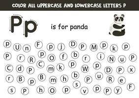 finden und Punkt alle Briefe p. lehrreich Arbeitsblatt zum Lernen Alphabet. süß groß Panda. vektor