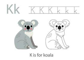 spårande alfabet brev med söt djur. Färg söt grå koala. spår brev k. vektor