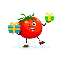 Karikatur Weihnachten Tomate mit Santa Geschenk Kisten vektor