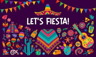 Mexikaner Fiesta Party Banner mit Sombrero, Gitarre vektor