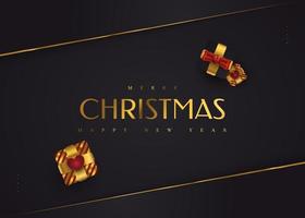 Frohe Weihnachten und ein glückliches neues Jahr Banner oder Poster. elegante Weihnachtsgrußkarte in Schwarz und Gold mit luxuriöser Geschenkbox vektor