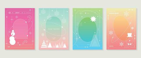 fröhlich Weihnachten Konzept Plakate Satz. süß Gradient holographisch Hintergrund Vektor mit Pastell- Farbe, Schneeflocken, Schneemann, Süßigkeiten Stock. Kunst modisch Hintergrund Design zum Sozial Medien, Karte, Banner, Flyer.