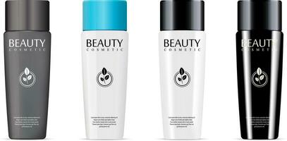 annorlunda färger och stilar kosmetisk flaskor uppsättning för schampo, dusch gel. lyx kosmetika produkt med märka och prov logotyp. vektor attrapp illustration.