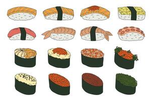 handgezeichnetes Sushi-Clipart-Set. Gerichte der traditionellen japanischen Küche. asiatisches Essen vektor