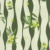Vektor Illustration von ein Vertikale Wicklung Linien nahtlos Muster und Olive Geäst und Früchte. Verpackung, Verpackung oder Stoff mit Olive Ornament Geometrie