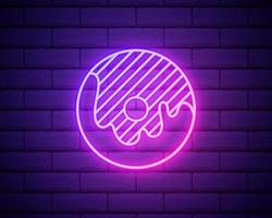 neon munk tecken. ljusa glödande donut emblem på mörk tegelvägg bakgrund. neonskylt. vektor designelement.