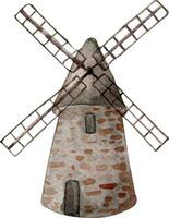 Windmühle Jahrgang Aquarell Illustration isoliert auf Weiß Hintergrund. ländlich Herstellung Brot Mühle Hand gezeichnet. gemalt Mahlen Pflanze. Element zum Design Paket brot, Mehl, handeln, Lebensmittelgeschäft speichern, Bäckerei vektor