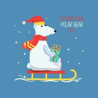 ein Karikatur Polar- Bär mit ein Geschenk im ein Box sitzt auf ein Schlitten. Arktis Tier. International Polar- Bär Tag, unterzeichnet Postkarte. Hand Beschriftung. vektor