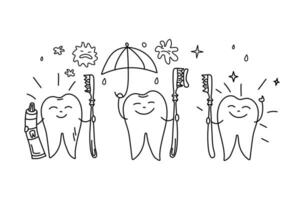 einstellen gesund, glücklich Zähne. Zahnbürste und Zahnpasta. Zahn mit ein lächeln. Zahnheilkunde. glänzend Weiß Zahn hält ein Regenschirm. vektor