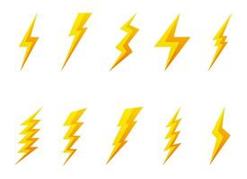 Blitz Bolzen Symbole Sammlung einstellen isoliert auf Weiß Hintergrund. Gelb Blitz Symbol, Blitz. golden einfach Blitz Streik unterzeichnen. Vektor Illustration.