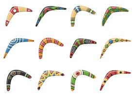 traditionell trä- bumerang av annorlunda former ikoner uppsättning isolerat på vit bakgrund. australier inföding jakt och sport vapen. ursprunglig trä- bumeranger. vektor illustration.
