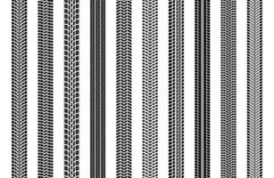 schwarz Reifen Spuren Rad Auto oder Transport einstellen auf Straße Textur Muster zum Automobil. Reifen Zeichen, Reifen treten, treten Markierungen Silhouette zum Maschine und Fahrzeug. Sammlung von verschiedene Drucke. Vektor. vektor