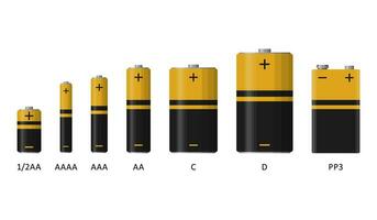 alkalisch Batterie einstellen mit anders Größen isoliert auf Weiß Hintergrund. wiederaufladbar Batterien eben modern Stil. Vektor Illustration.