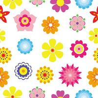 vår blommor sömlös mönster bakgrund. enkel färgrik blommig ikoner i ljus färger. dekorativ blomma silhuett samling. vektor